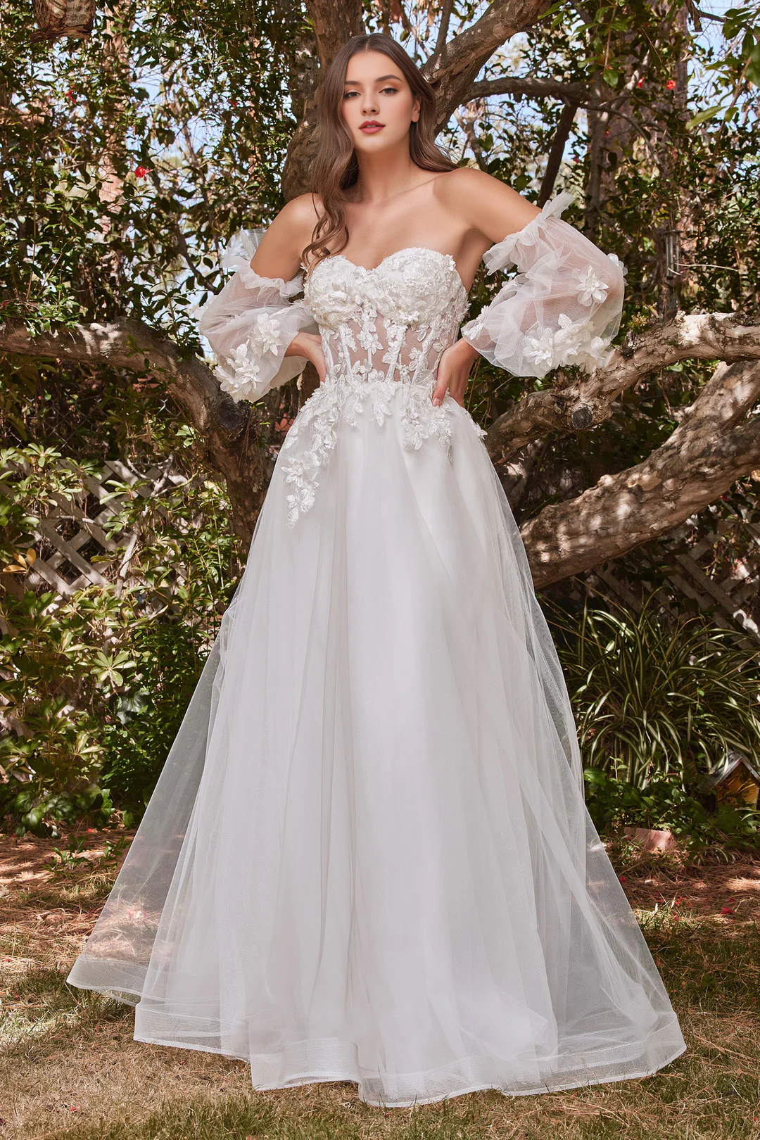 Abito da sposa lungo grigio bianco senza spalline con decalcomania floreale 3D
